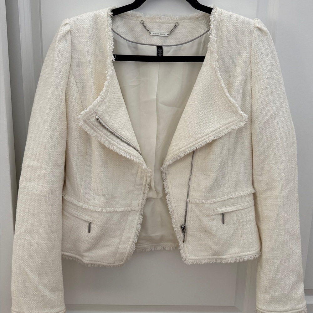 White House Black Market Cream Fringe Zip-Front Blazer